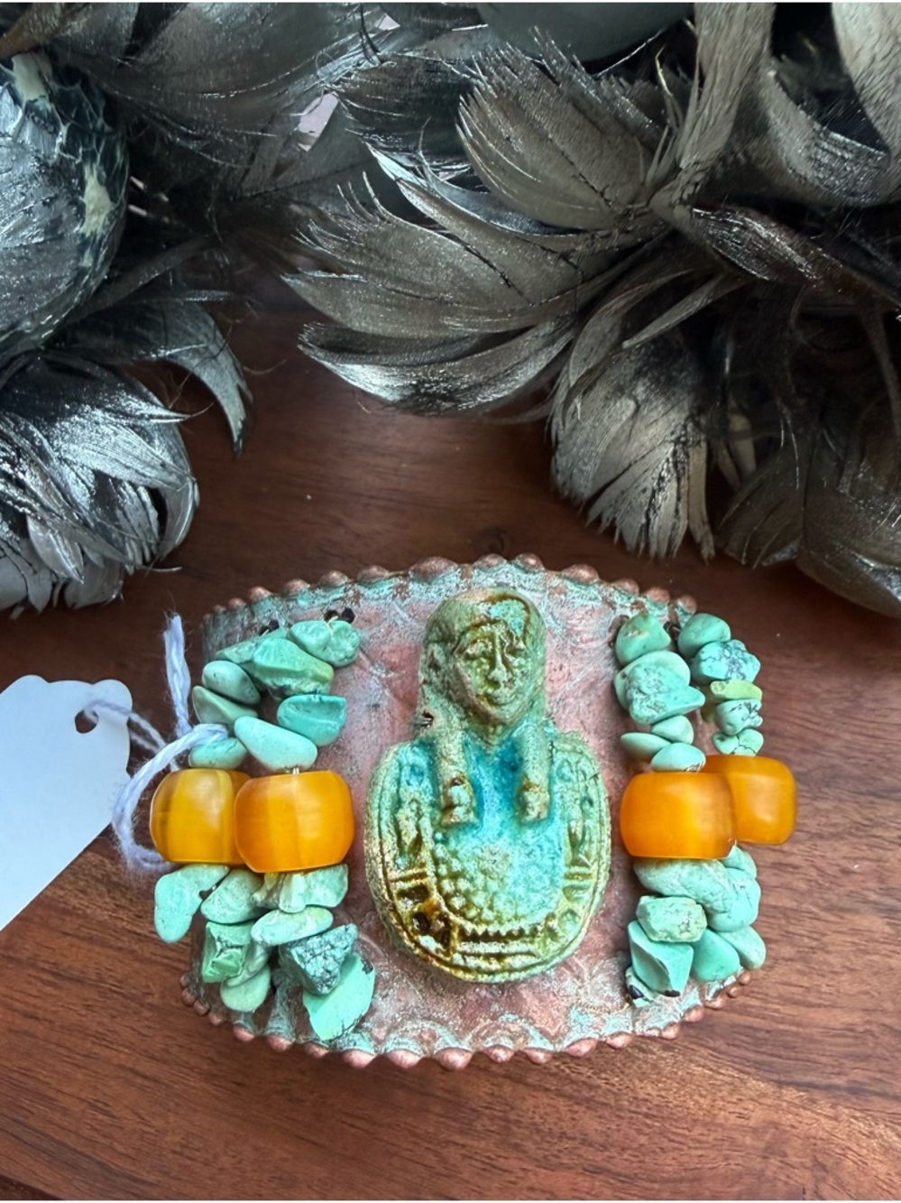 VTG Egyptian OOAK Handmade & Hammered Copper Turquoise Boho Aegis Cuff Bracelet
